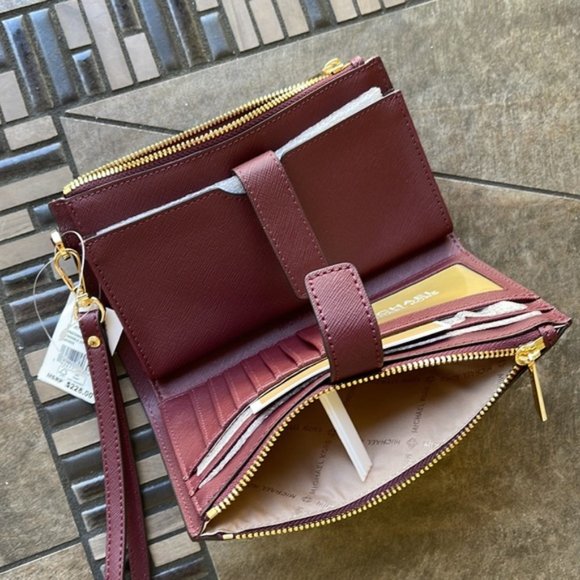 Michael Kors Jet Set Travel Large Double Zip Wristlet Wallet Dark Cherry Leather - Picture 6 of 16